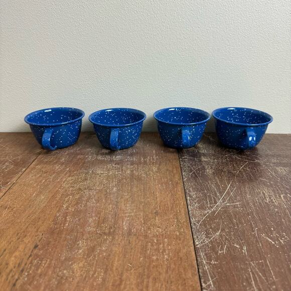 Vintage Blue White Speckled Enamel Graniteware set of 4 coffee cup mugs - Picture 3 of 8